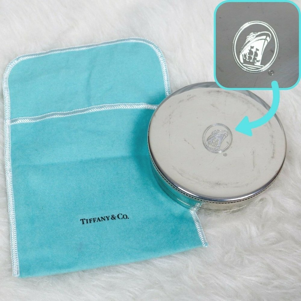 Tiffany & Co Pewter Trinket Box/Tin Black Velvet Lining Ship/Cruise/Nautical